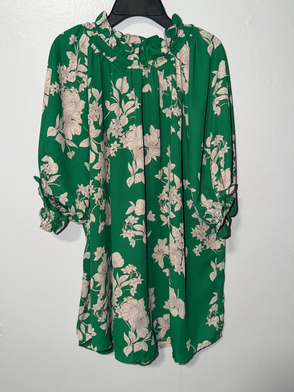 Shein Green Floral Mini Dress Ruffle Neck Tie Detail Smocked Cuffs